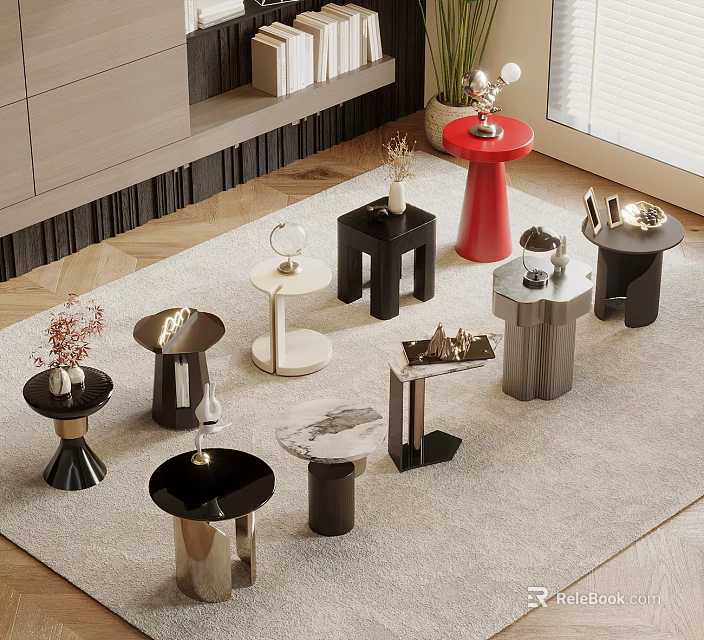 Stylish Modern Side Tables with Marble Tops Metal Bases and Geometric Shapes in Living Room 3d model 
