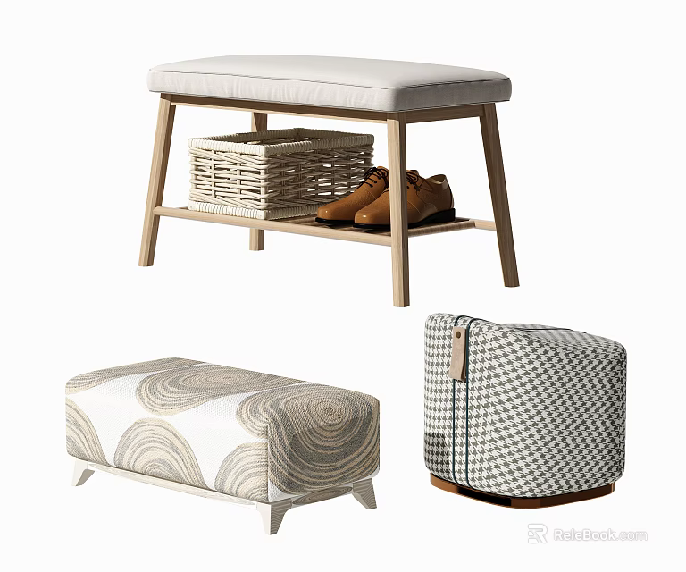 Modern Sofa Stools With Wooden Frame Upholstered Seats Storage Shelf And Patterned Designs 3d model