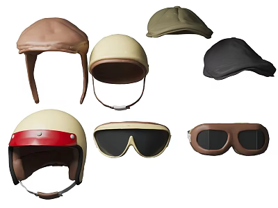 Assorted Hats in Different Styles Including Leather Aviator Cap Beret and Protective Goggles 3d model