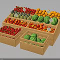 Fresh Fruits Display in Wooden Crates with Strawberries Watermelons Pineapples Oranges and Cherries