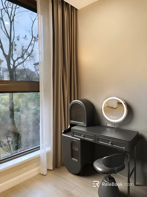 Modern Dressing Table With Round Mirror Light Brown Curtain And Tree Outside Window 3d model
