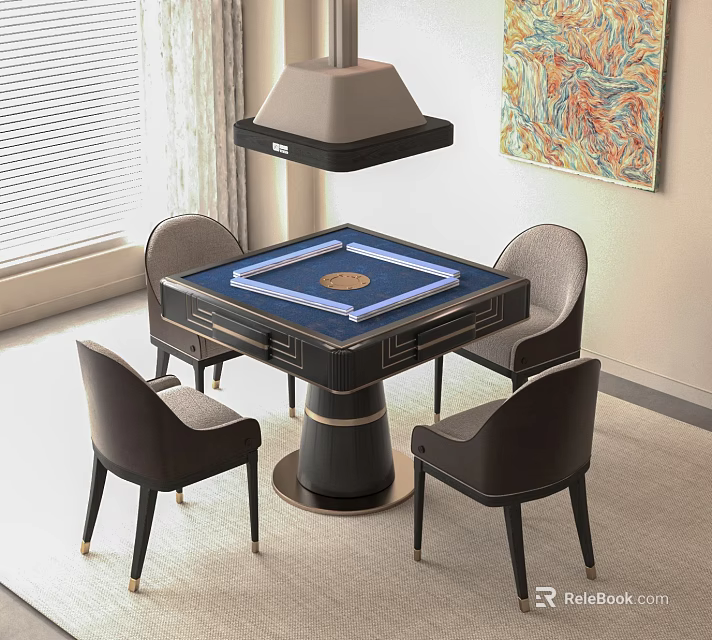 Dark Modern Mahjong Entertainment Table with Four Chairs Pendant Light Window and Decorative Painting 3d model 