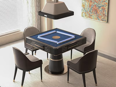 Dark Modern Mahjong Entertainment Table with Four Chairs Pendant Light Window and Decorative Painting 3d model