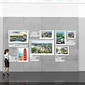 Woman Viewing Various City Landscape Images On Modern Interior Display Wall
