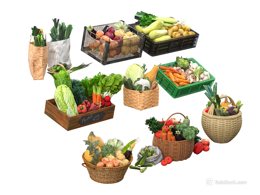 Fresh Assorted Fruits in Woven Baskets and Paper Bags with Vibrant Colors 3d model 