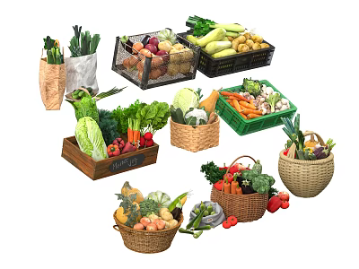Fruit and vegetable combination vegetable basket bamboo woven vegetable basket vegetable basket bamboo basket bamboo basket celery cabbage eggplant onion 3d model
