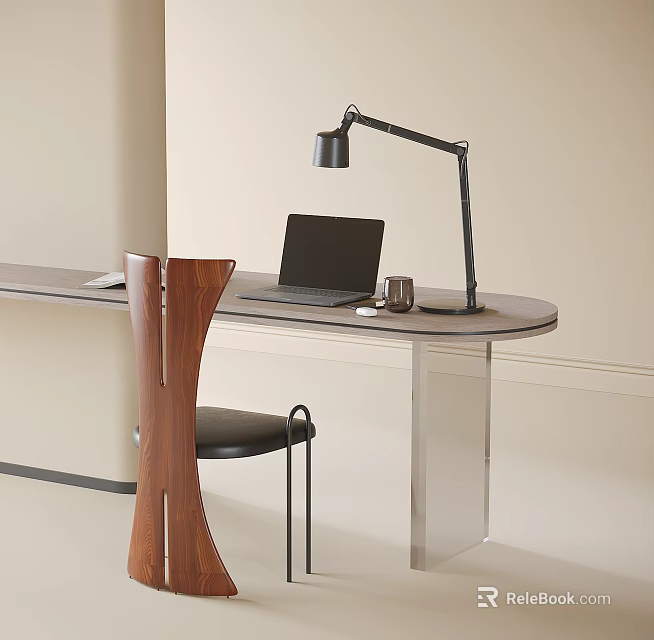 Modern Desk Setup With Open Laptop Black Desk Lamp Mug Wooden Chair And Transparent Legs 3d model 
