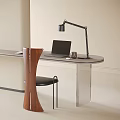 Modern Desk Setup With Open Laptop Black Desk Lamp Mug Wooden Chair And Transparent Legs