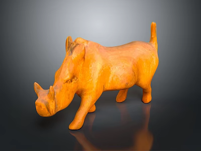 Handcrafted Orange Rhinoceros Sculpture Standing With Horn Ears Tail On Black Background 3d model
