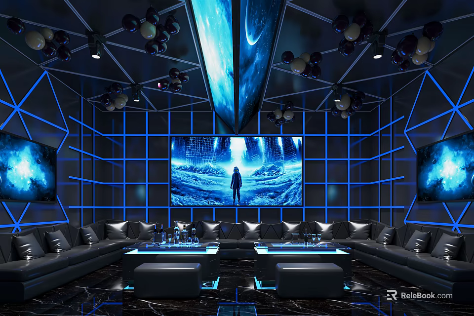Modern KTV Room Interior With Blue Lighting LED Screen Comfortable Sofas And Ceiling Decorations 3d model