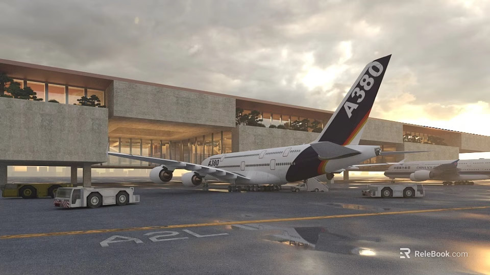Airbus A380 Parked At Airport Terminal With Ground Vehicles 3d model 