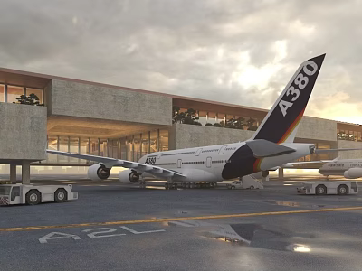 Airbus A380 Parked At Airport Terminal With Ground Vehicles 3d model