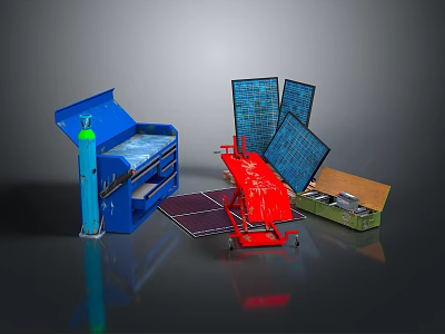 Colorful Household Items Including Blue Bed Red Trolley And Green Storage Box 3d model