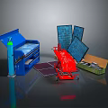 Colorful Household Items Including Blue Bed Red Trolley And Green Storage Box