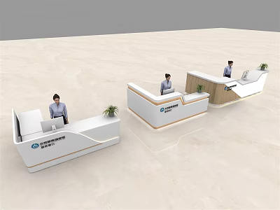 Modern White Reception Desk Featuring Wooden Accents Small Potted Plants And Staff 3d model