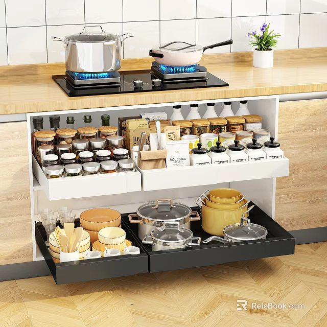 Kitchen Cabinet Drawer Storage Shelf Organizing Various Spices Jars Pots and Utensils 3d model 