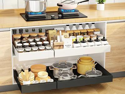 Kitchen Cabinet Drawer Storage Shelf Organizing Various Spices Jars Pots and Utensils 3d model