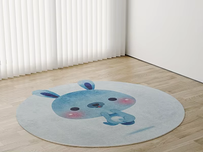 Cute Blue Cartoon Rabbit Design Round Carpet On Wooden Floor With White Blinds 3d model