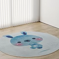 Cute Blue Cartoon Rabbit Design Round Carpet On Wooden Floor With White Blinds