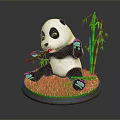 3D Panda Character Sitting On Green Grass Eating Bamboo With Bamboo Stalk And Round Base