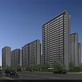 Modern High Rise Residential Complex With Glass Curtain Walls Street Trees And Cars