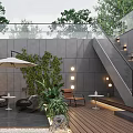 Modern Garden Landscape with Glass Roof Gray Walls Trees Outdoor Seating Wooden Deck and Lighting