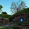 Enchanted Pastoral Landscape Featuring Hobbit Style House Colorful Flowers Green Grass And Wooden Fence