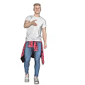 Man In White T-Shirt Blue Jeans And Red Plaid Shirt Extending Hand On Gray Background