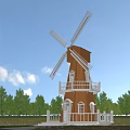 Wooden Cabin in Flower Field with Wind Turbines and Green Trees Under Blue Sky