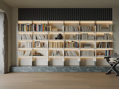 Modern Bookcase With Multiple Shelves Books Decorative Items Integrated Lighting And Dark Wall 3d model