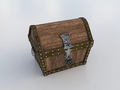 Vintage Wooden Chest With Riveted Metal Edges And Decorative Lock On Wood Grain Surface 3d model