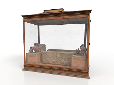 Antique Wooden Display Case With Glass Front And Ornate Carved Base Holding Artifacts 3d model