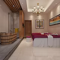 Luxurious SPA Sauna Room Interior with Massage Bed Wooden Barrel Bathtub and Chandelier