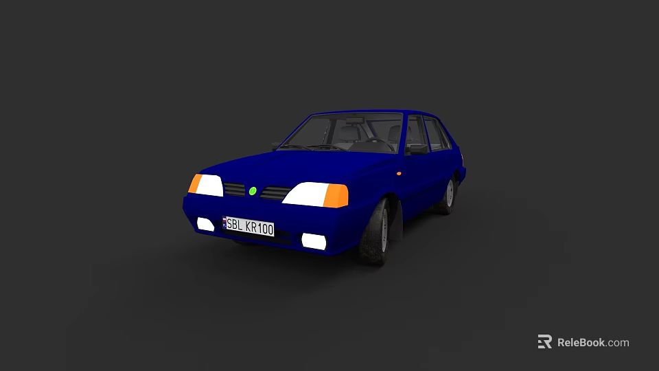 Blue Vintage Hatchback Car With Round Headlights And White License Plate On Dark Background 3d model 