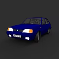 Blue Vintage Hatchback Car With Round Headlights And White License Plate On Dark Background