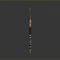 Ornate Golden Spear With Crescent Head Feather Accents And Red Striped Shaft