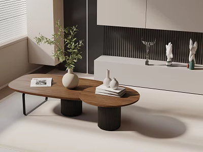Modern Sofa Coffee Table Set with Wooden Tops Black Legs Decorative Plant Books and Magazine 3d model