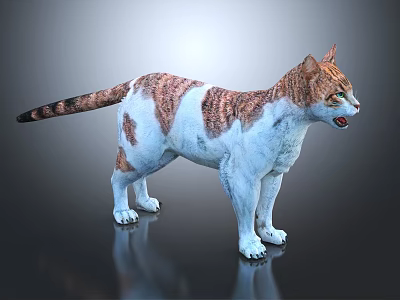 Standing Cat With White And Brown Tabby Fur On Dark Background With Shiny Reflection 3d model