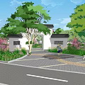 Park Landscape with Red Lanterns on Lamp Posts White Archway Trees and Paved Square 3d model
