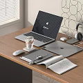 Modern Wooden Desk Workspace With Open Laptop Tablet Wireless Mouse Headphones And Notebooks