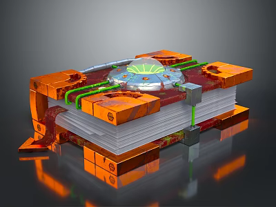 Futuristic Book Design With Mechanical Elements Circular Component Green Lines Orange Sections And Reflective Surface 3d model