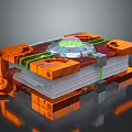 Futuristic Book Design With Mechanical Elements Circular Component Green Lines Orange Sections And Reflective Surface