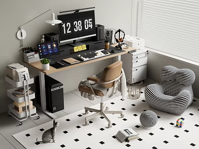 Cozy Home Office Desk Setup With Monitor Lamp Coffee Plant Chair Cat And Rug 3d model