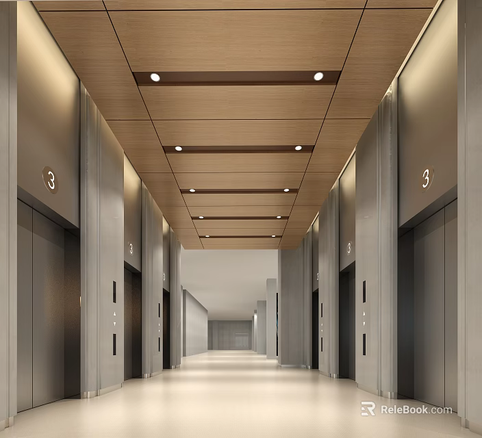 Modern Elevator Lobby Interior With Wooden Ceiling And Recessed Lights 3d model