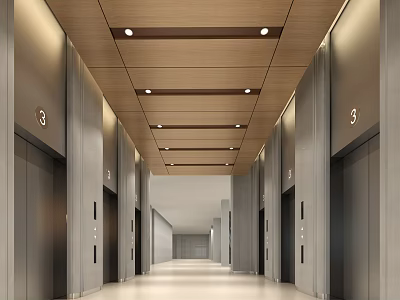 Modern Elevator Lobby Interior With Wooden Ceiling And Recessed Lights 3d model