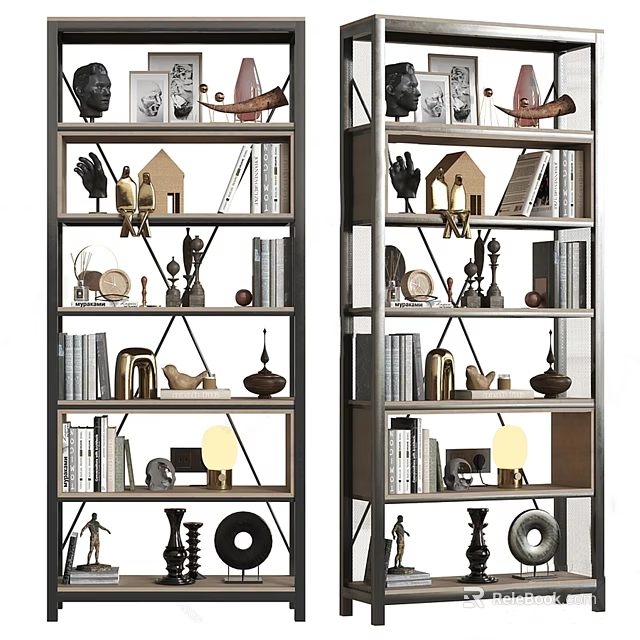 Modern Double Bookshelf Design With Decorative Ornaments Books And Table Lamps 3d model 