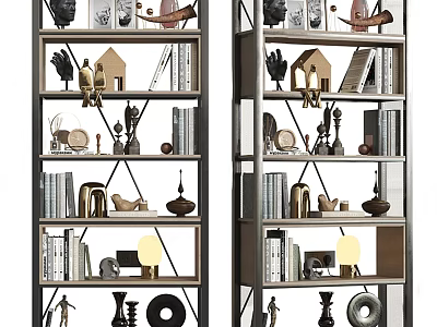 Modern Double Bookshelf Design With Decorative Ornaments Books And Table Lamps 3d model