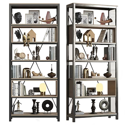 Modern Double Bookshelf Design With Decorative Ornaments Books And Table Lamps 3d model