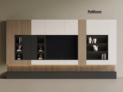 Modern Poliform TV Stand With Wooden White Panels Open Shelves And Decor 3d model