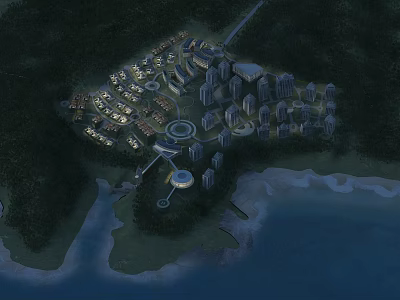 Aerial Planning of Island Building Complex With Green Spaces and Waterfront View 3d model